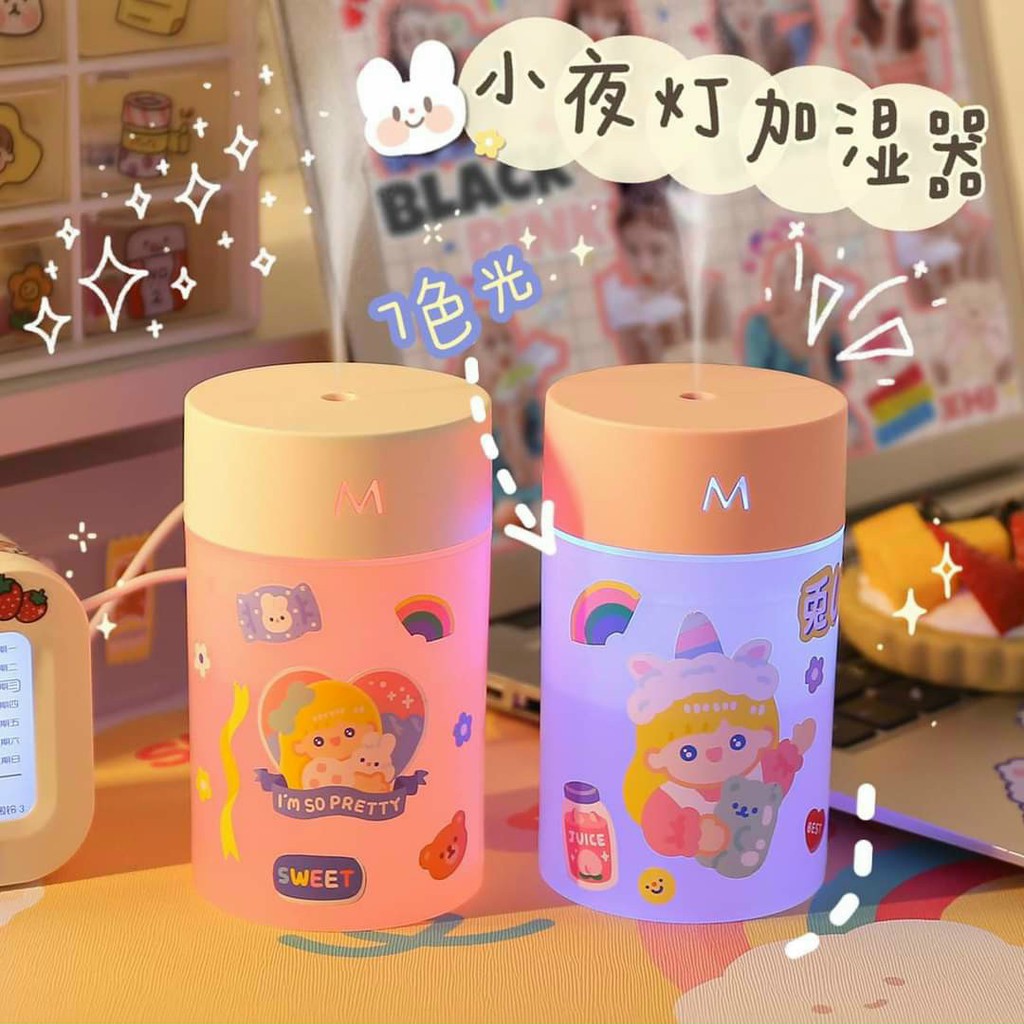 Máy phun sương tạo ẩm kiêm đèn ngủ led siêu kute kèm miếng dán sticker