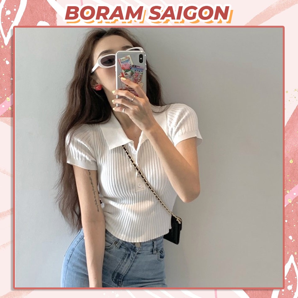 Áo Polo Nữ, Áo Thun Dệt Kim Tay Ngắn Cổ Chữ V Màu Trơn Thanh Lịch BORAM SG
