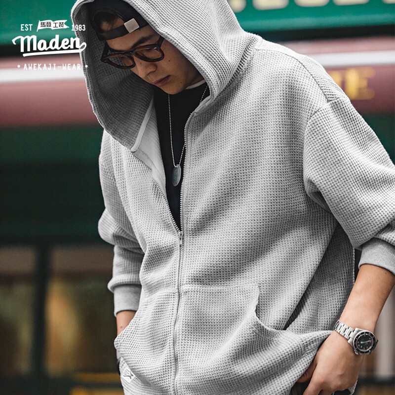 Áo khoác cardigan Maden có mũ trùm đầu dệt kim thiết kế đơn giản phong cách Nhật Bản retro cho nam