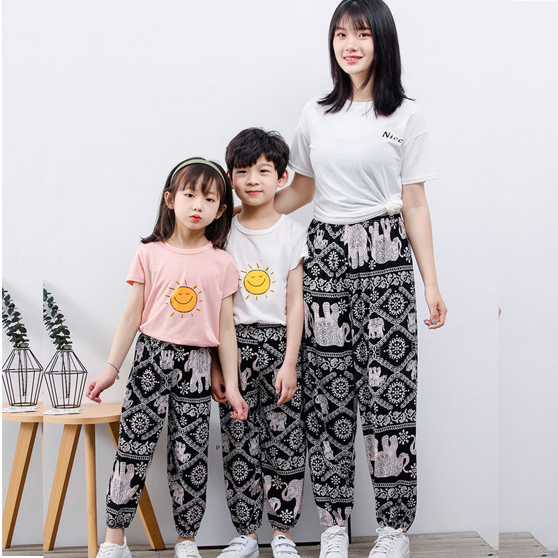 Quần Ngủ Cotton Lụa Ống Rộng Chống Muỗi In Họa Tiết Hoạt Hình Cho Mẹ Và Bé Kích Thước 110-xxl