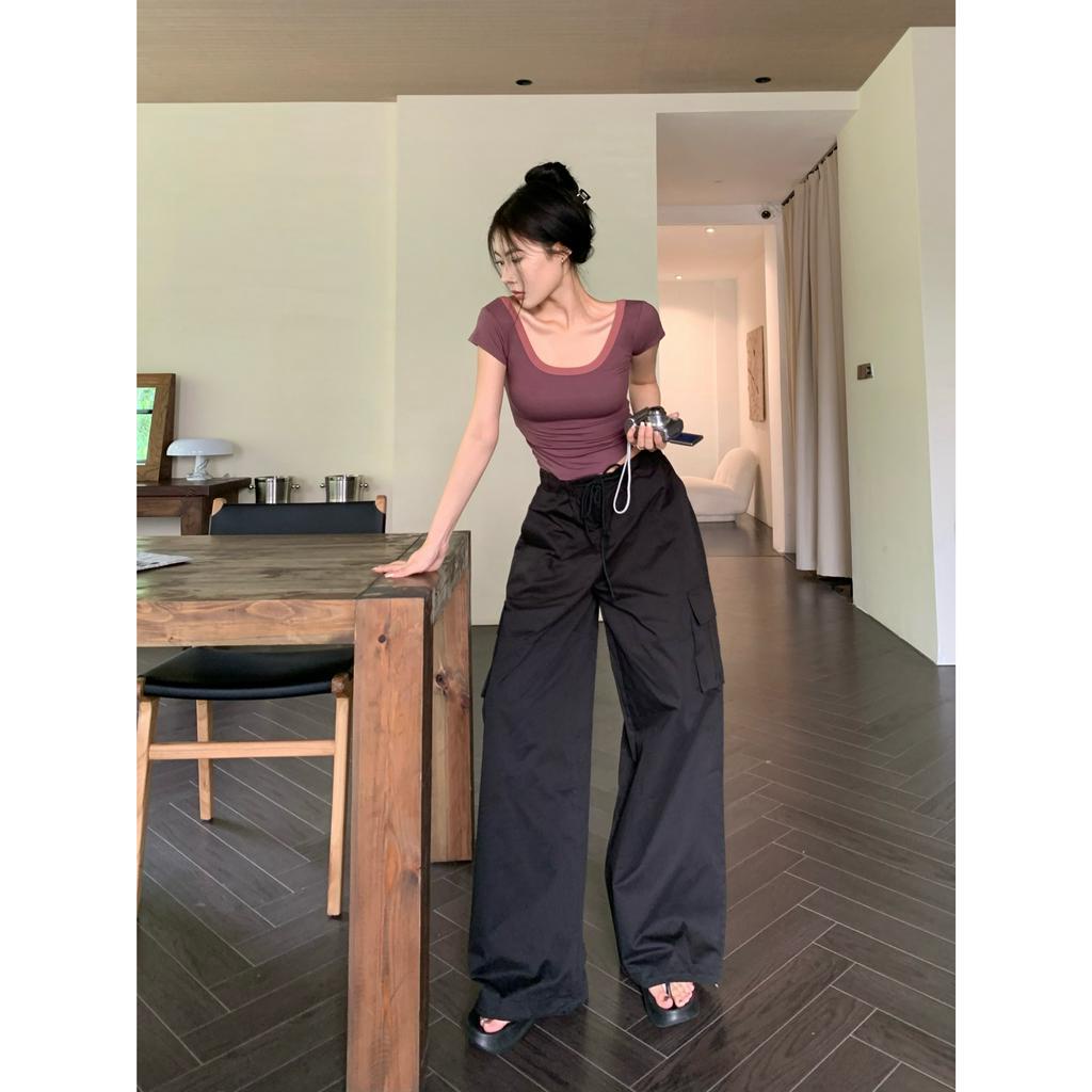 Set Áo Tay Ngắn Cổ Chữ u + Quần Lưng Cao Chất Liệu Co Giãn Tốt Kiểu Dáng Đơn Giản Thời Trang