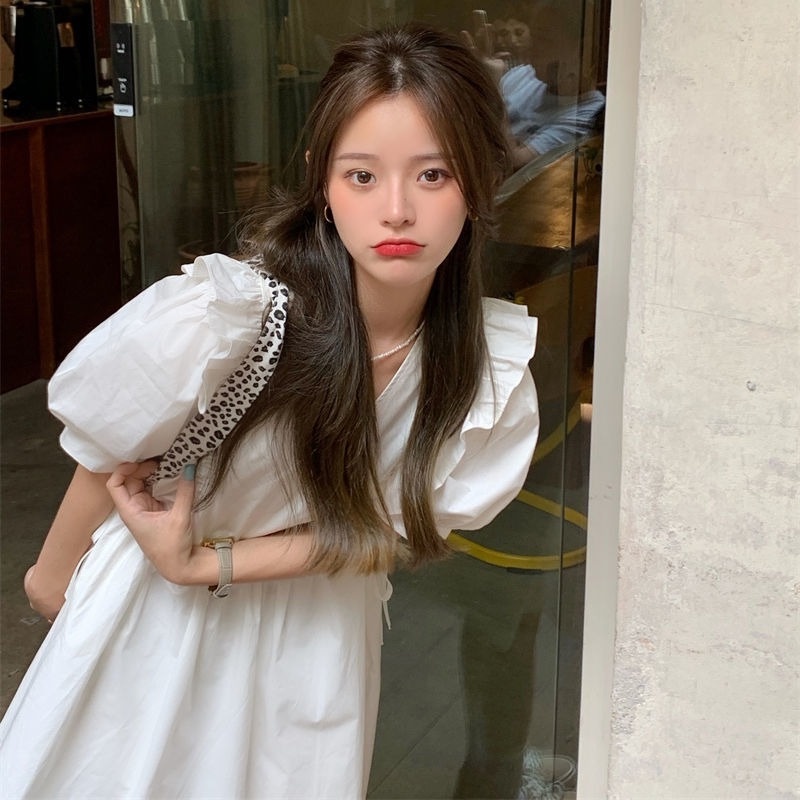 Đầm Mỏng Mùa Hè Tay Phồng Viền Màu Trơn Kiểu Pháp Mới Cho Nữ