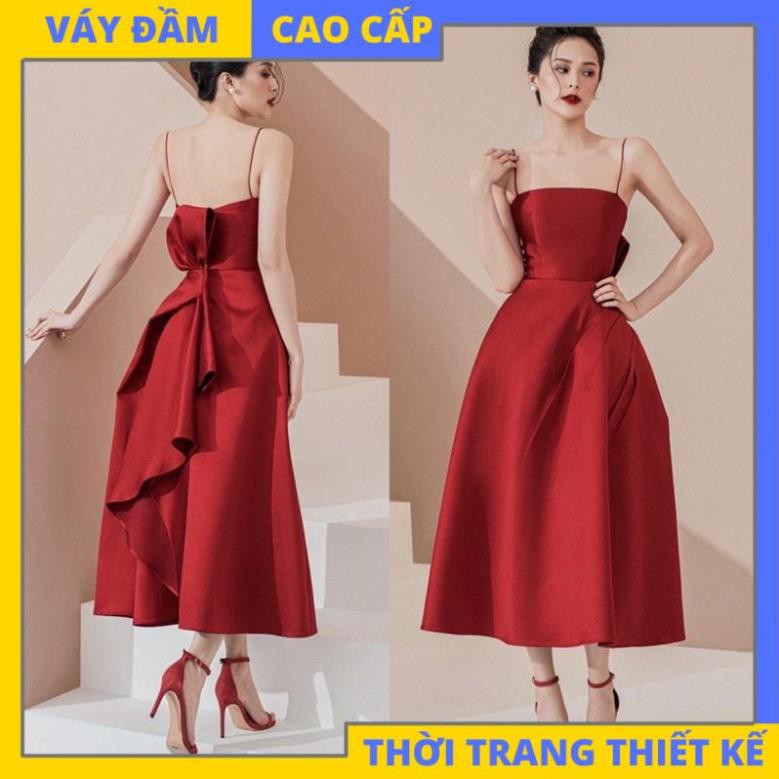 Đầm dự tiệc sang trọng hai dây dáng xoè hở lưng đắp nơ bèo quyến Taffeta cao cấp (CÓ ĐỆM NGỰC) [HÀNG THIẾT KẾ CAO CẤP]