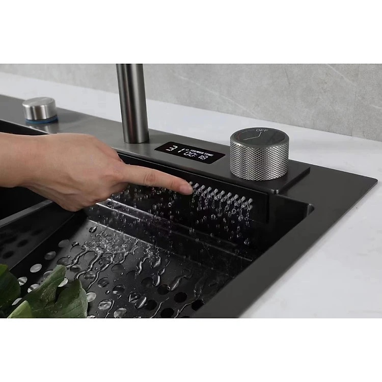 Chậu rửa chén một hố lớn inox 304 phủ Nano Đen Cao Cấp 75 x46 GỒM VÒI THÁC NƯỚC