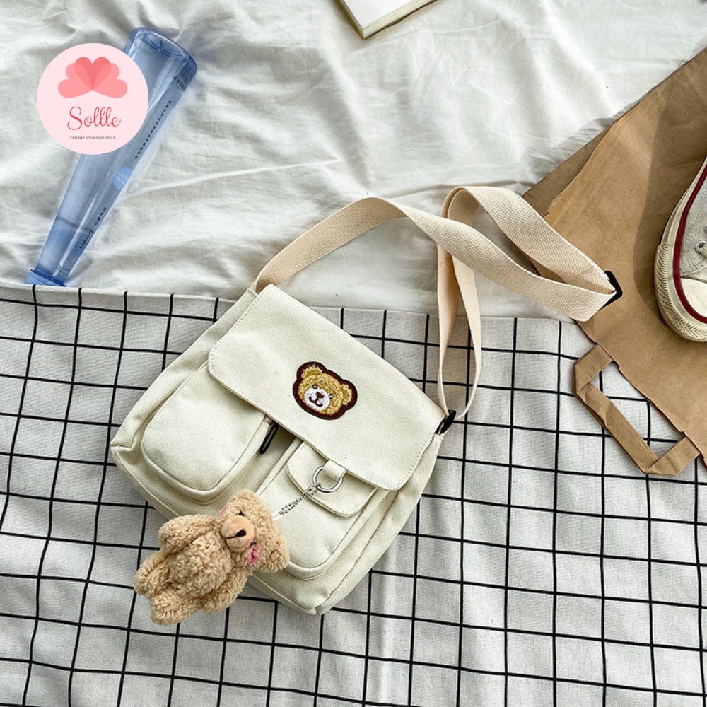 Túi đeo chéo vai nữ vải canvas đi học nhiều ngăn khóa kéo thêu hình Gấu dễ thương Sollle