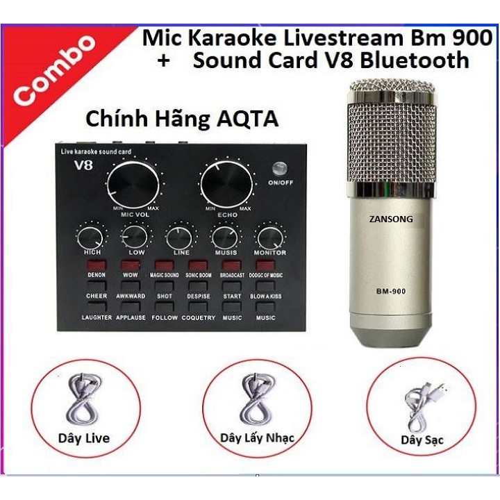 Soundcard V8 Bluetooth, Micro Karaoke BM 900 - Tai Nghe XB-450 Hát Karaoke Livetream