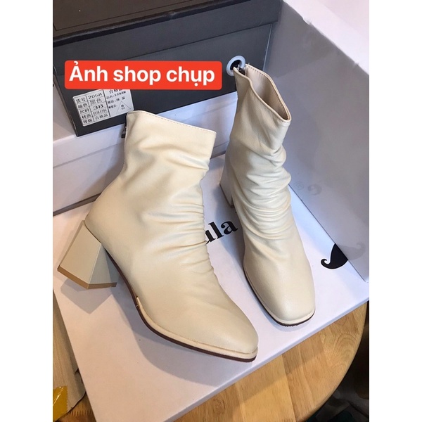 Bốt nữ, boots nhăn gót vuông chất da mềm lót lông ôm cổ chân  và siêu ấm