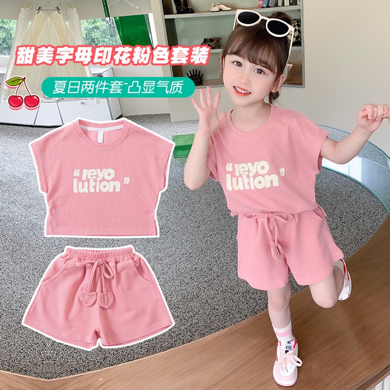 Bộ Đồ Thể Thao Áo In Chữ Phối Quần Short Màu Sắc Tương Phản Thời Trang Mùa Hè Cho Bé Gái