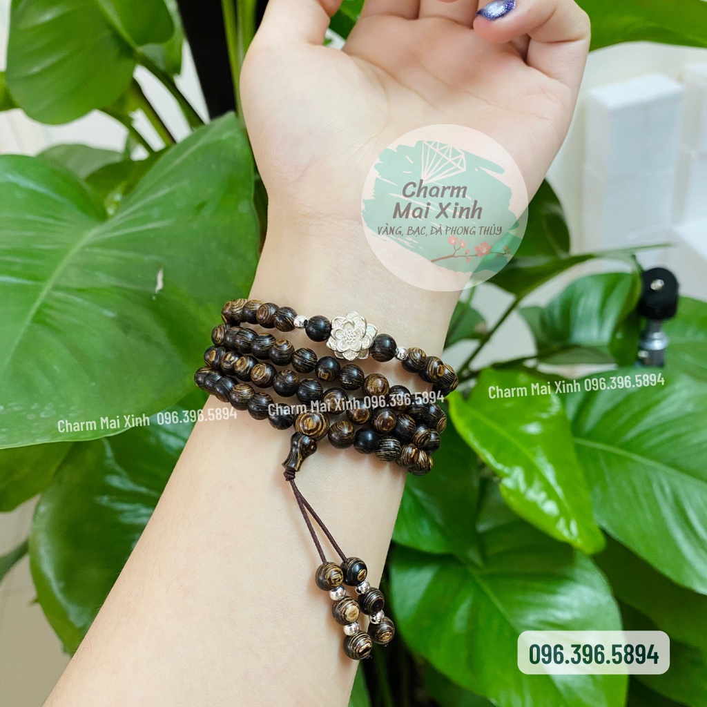 Chuỗi Trầm Hương Sánh chìm 108 hạt phối Hoa Sen Si Bạc, Bạc Phủ Vàng 925 - Vòng Tay Gỗ tự nhiên Nữ phong thuỷ