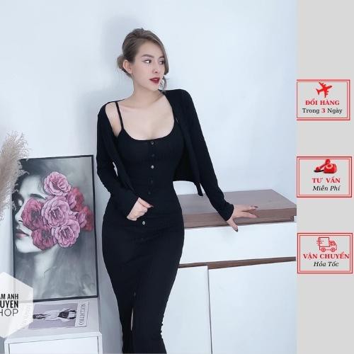 sét áo cardigan kèm váy 2 dây body màu xanh hồng đẹp dáng siêu hót phong cách YoLo-Fashion