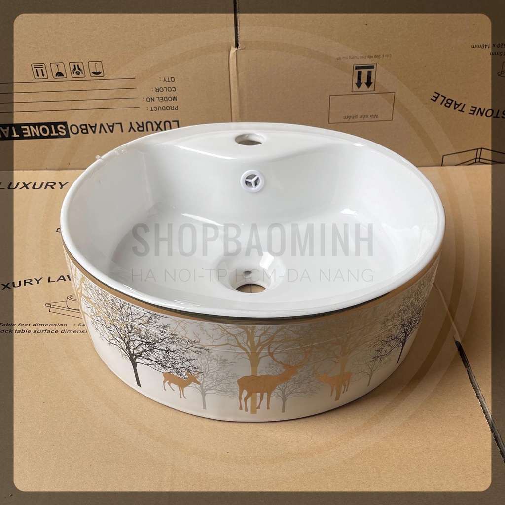 Chậu rửa mặt - Lavabo tròn đặt bàn họa tiết hươu vàng cao cấp, đường kính 40cm.