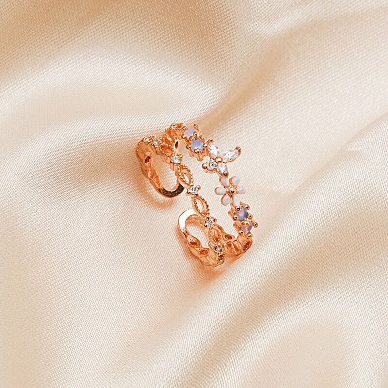 Nhẫn hở mạ vàng đính đá zircon hình hoa thiết kế một lớp/ hai lớp thời trang sang trọng