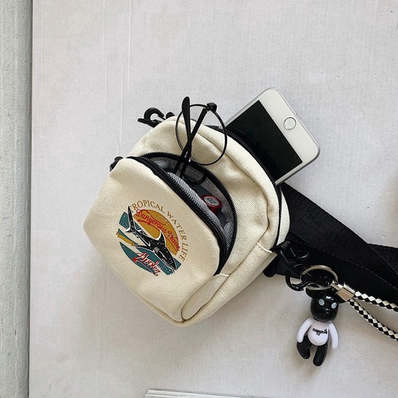 Korean Style Street Trendy Shark Canvas Cell Phone Bags/ Mini Zipper Student Flap Casual Crossbody Bag