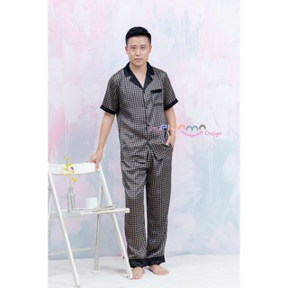 Bộ pijama nam cộc dài hoa đen mặc nhà lụa cao cấp