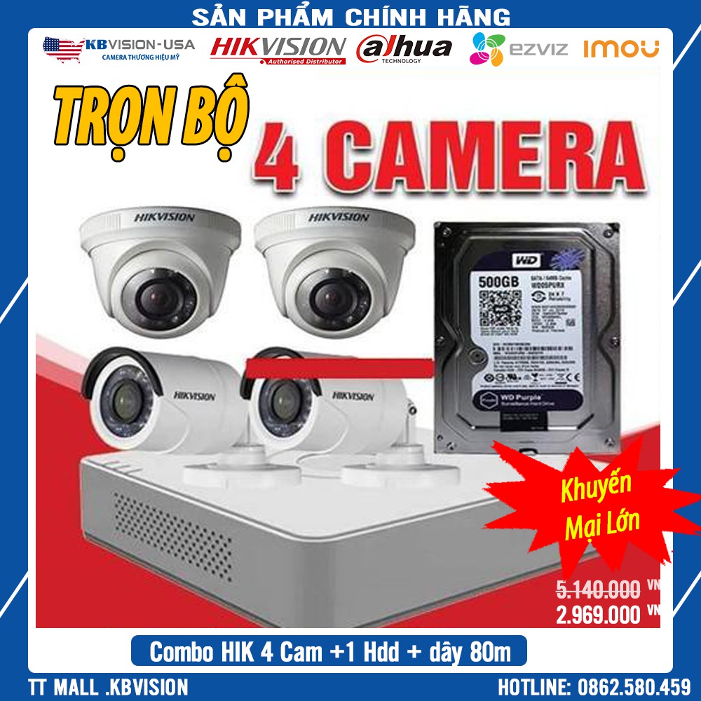 {Siêu RẺ}Trọn Bộ 4 Camera Hikvision 2.0 mp Full HD 1080P kèm HDD 500G + 80 mét dây liền nguồn đúc sẵn 2 đầu