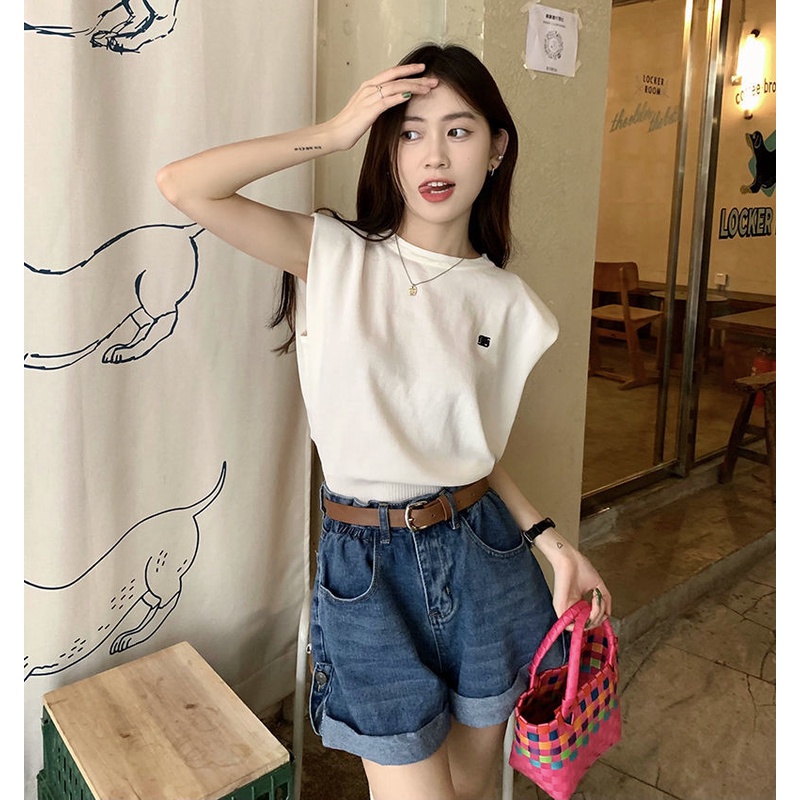 Áo Thun Dệt Kim Sát Nách Dáng Rộng Cổ Tròn Họa Tiết Kẻ Sọc Thời Trang Mùa Hè Cho Nữ