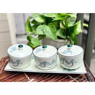 Khay mứt bát tràng-set 3 hũ mứt tết kèm khay chữ nhật dài