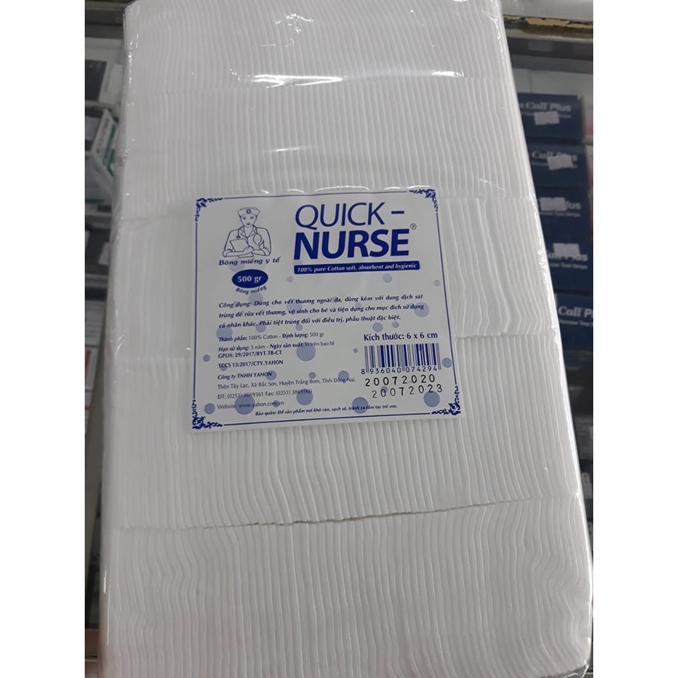 BÔNG TẨY TRANG, BÔNG GÒN MIẾNG 6x6cm QUICK-NURSE.BỊCH 500G