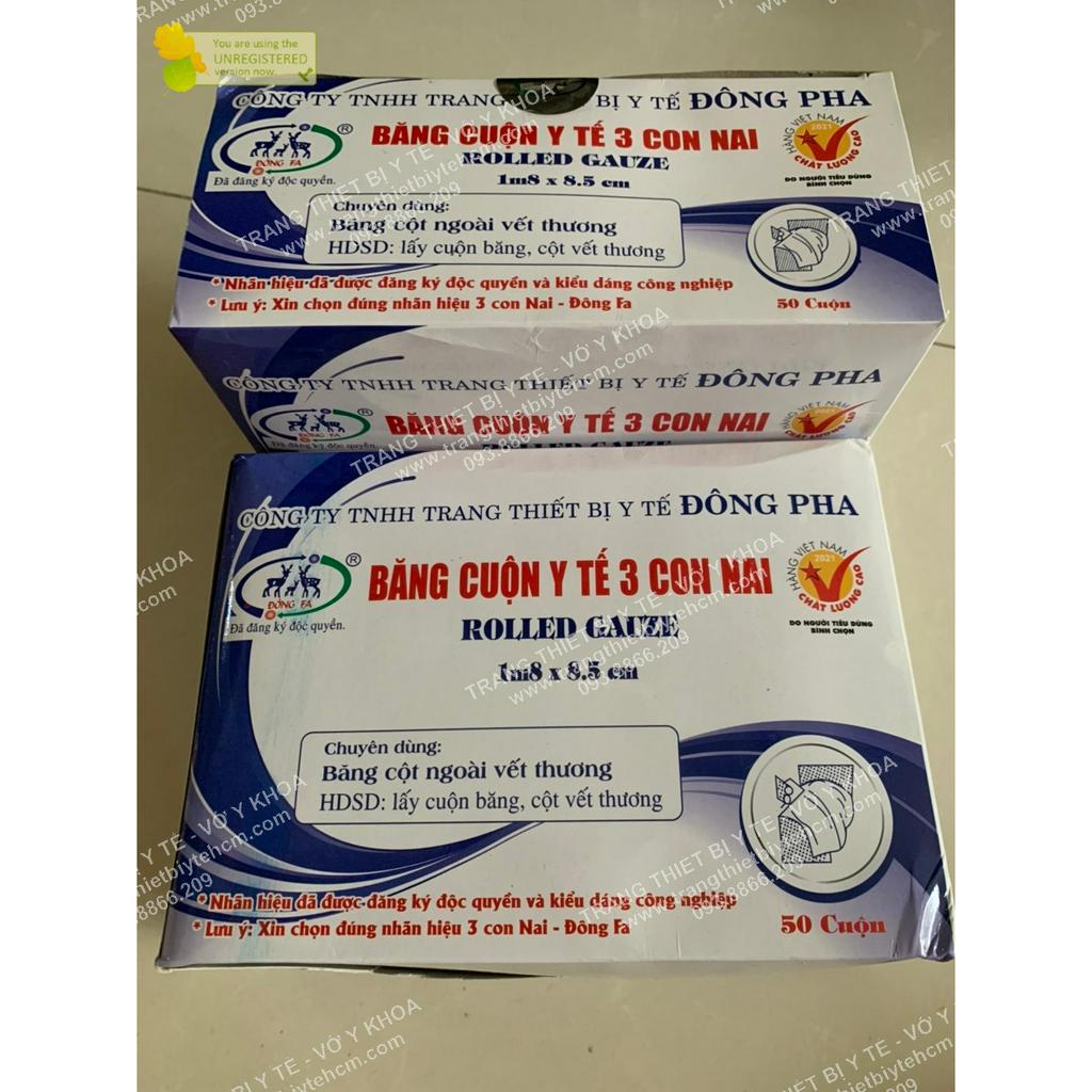 Băng cuộn y tế Đông Pha 3 con Nai chăm sóc vết thương - Gạc cuộn y tế Đông Fa 1,8m x 0,85cm/ cuộn - 1 hộp 50 cuộn