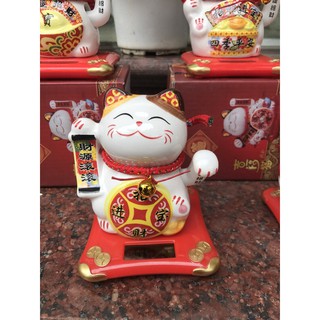 Mèo thần tài vẫy tay bằng sứ cao 10cm chạy năng lượng