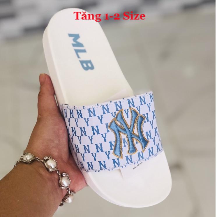 Dép unisex 𝐌𝐋𝐁 𝗡𝗬 ❤️FREESHIP + Hộp❤️ dép mlb ny bóng chày quai ngang thể thao nam nữ Thêu nỗi NY-NY GV-trắng-chữ-xanh