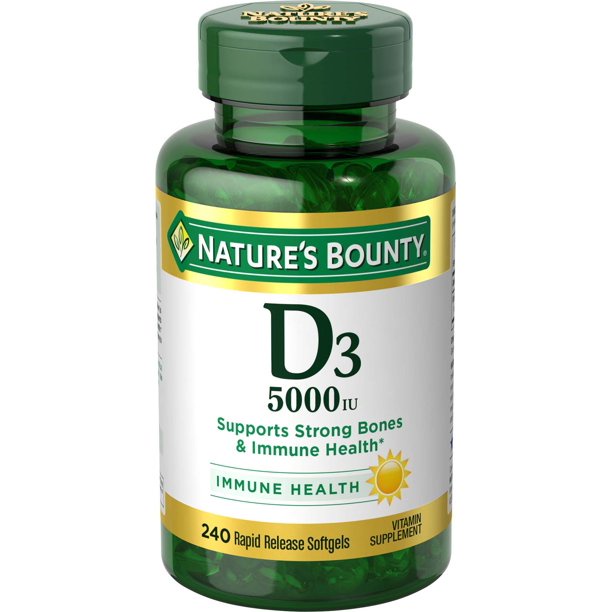 Viên uống Nature's Bounty Vitamin D3 Softgels 125 mcg, 5000 IU bổ sung Vitamin D3 tốt cho xương khớp