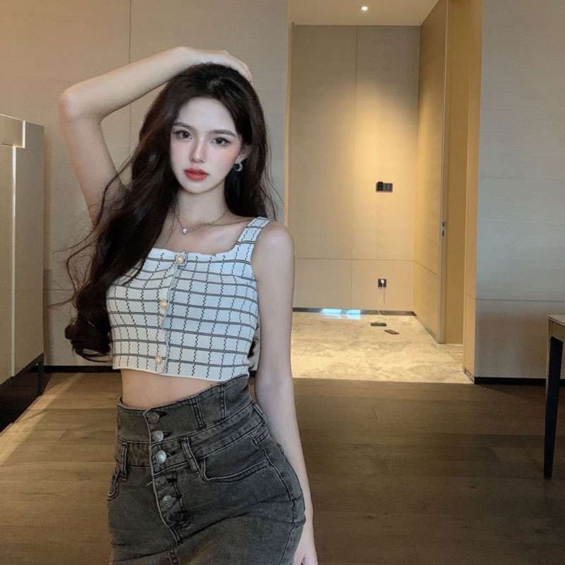 Áo Hai Dây Dáng Ngắn Hở Lưng Họa Tiết Sọc Caro Phong Cách Quyến Rũ