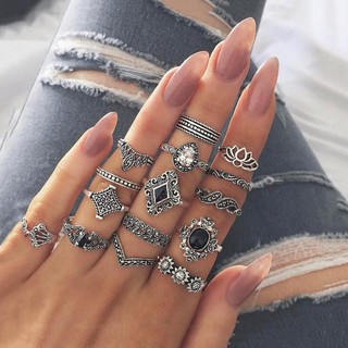 Set 15 Nhẫn Mạ Bạc Đính Đá Pha Lê Đen
