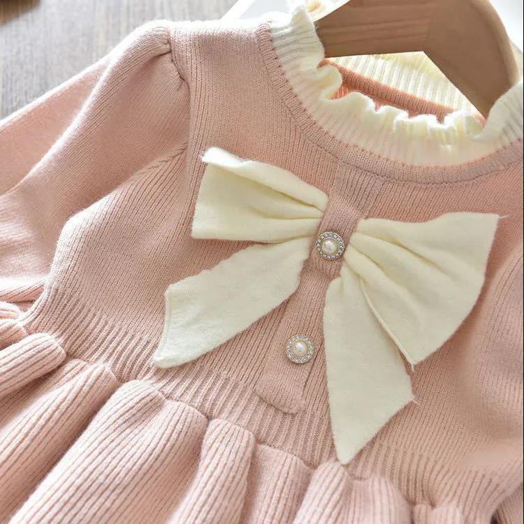 Cô Gái Màu Đỏ Năm Mới Giáng Sinh Váy Nơ Váy Len Dệt Kim Váy Công Chúa Trẻ Em Mùa Đông