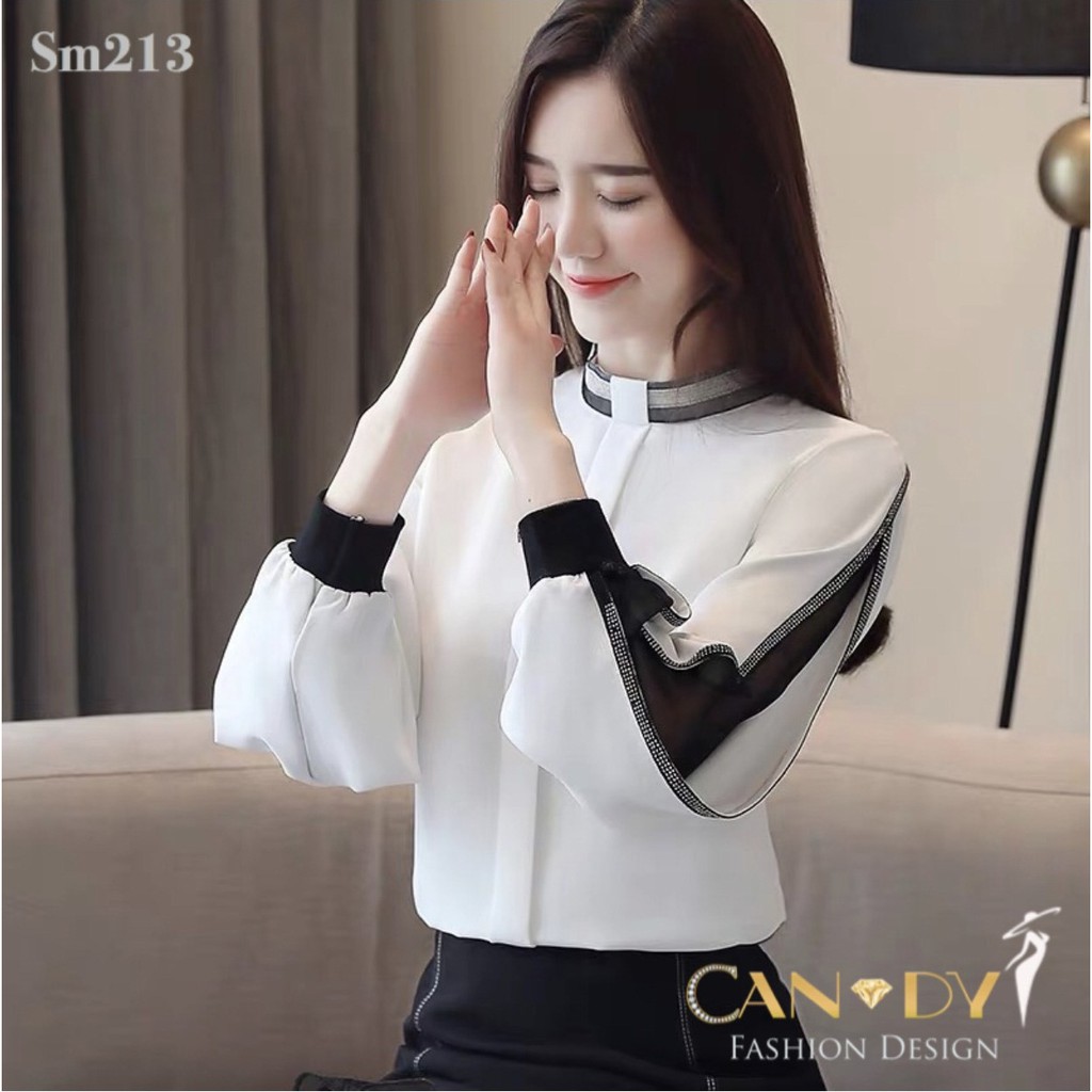 Áo Nữ Công Sở ❣️????????❣️ Áo Sơ Mi Nẹp Giữa Tay Phối Voan Đen SM213 - Hàng VNXK - Candy Fashion