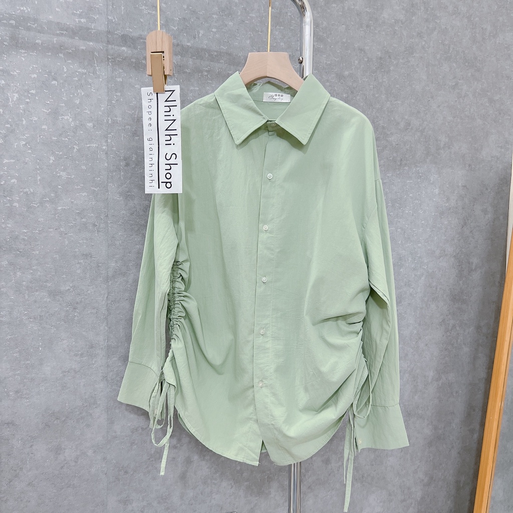 Áo sơ mi thô mềm rút dây form rộng, Áo kiểu dài tay cổ bẻ dáng rộng SM9022 - NhiNhi Shop