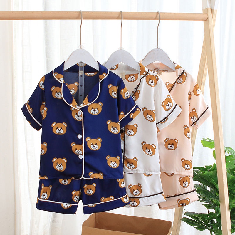 Bộ đồ ngủ trẻ em ban ngày mỏng phần bé gái trai ngắn tay bé, vừa và lớn băng lụa điều hòa nhiệt độ tại nhàkii