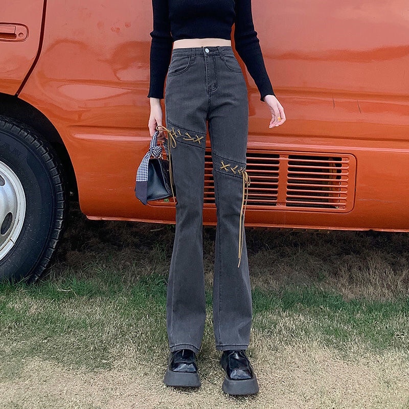 Quần jeans thắt gối đan dây douyin phong cách retro