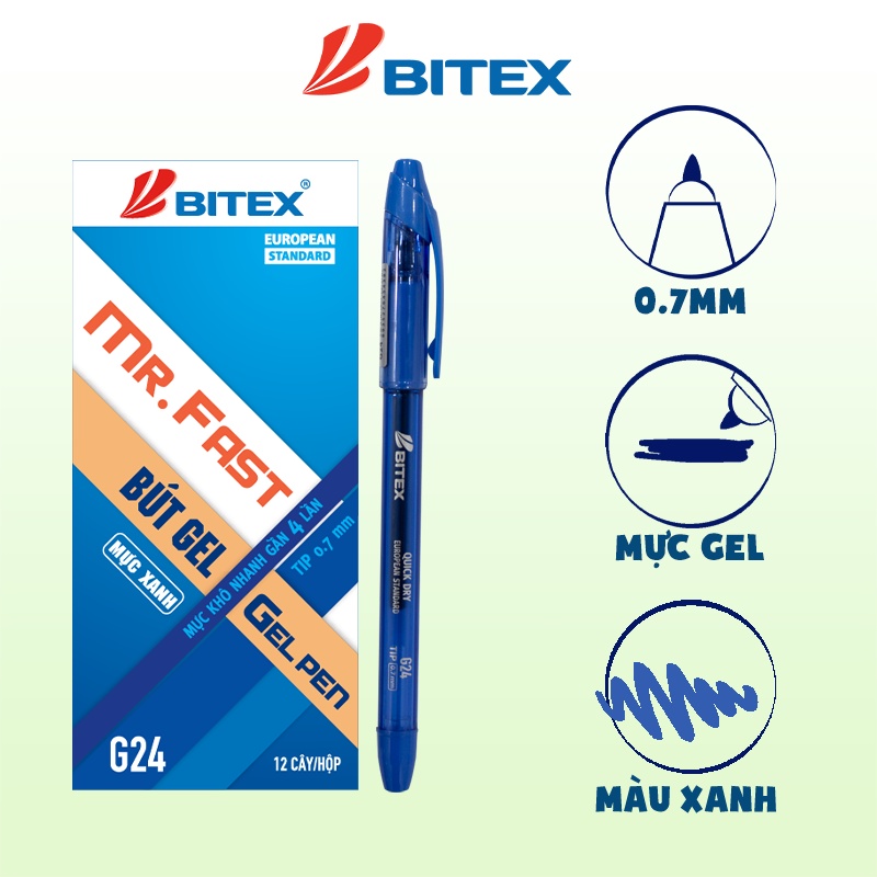 Bút Gel Bitex G24 mực xanh, đỏ, đen ( 5 cây )