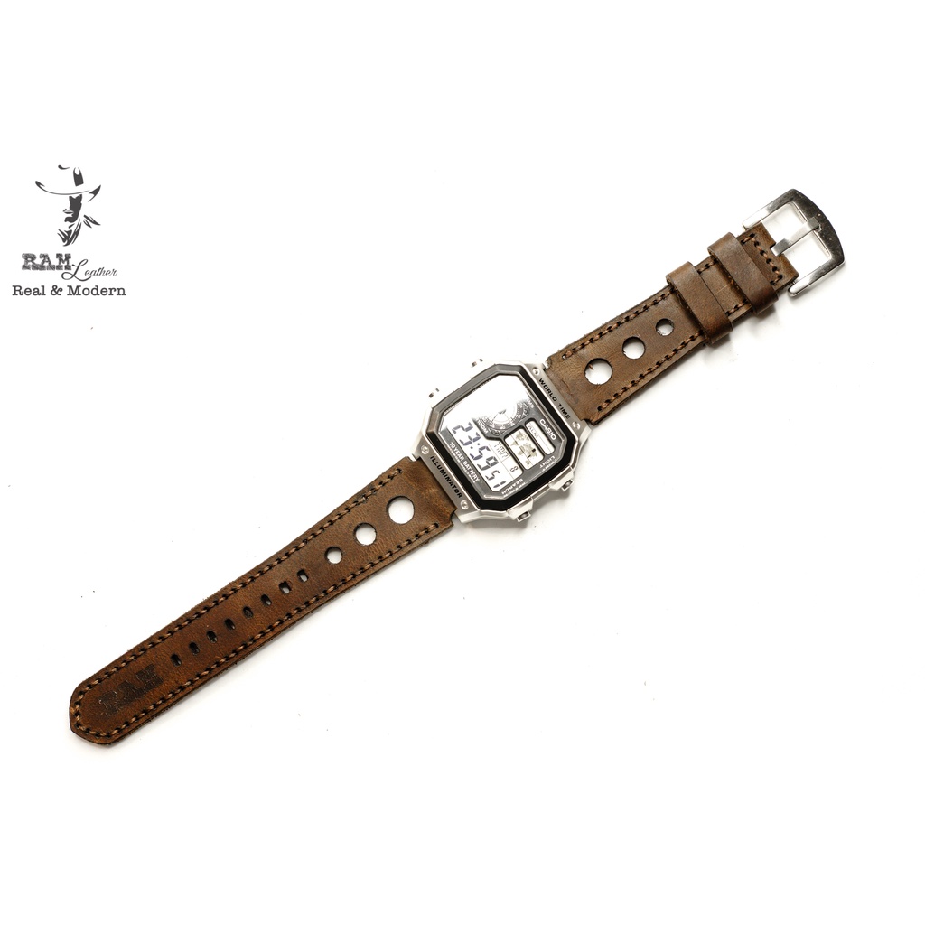 Dây đồng hồ RAM Leather D1 cho CASIO 1200, AE 1200, 1300, 1100, A159 , A168 , Size 18 da bò nâu đất