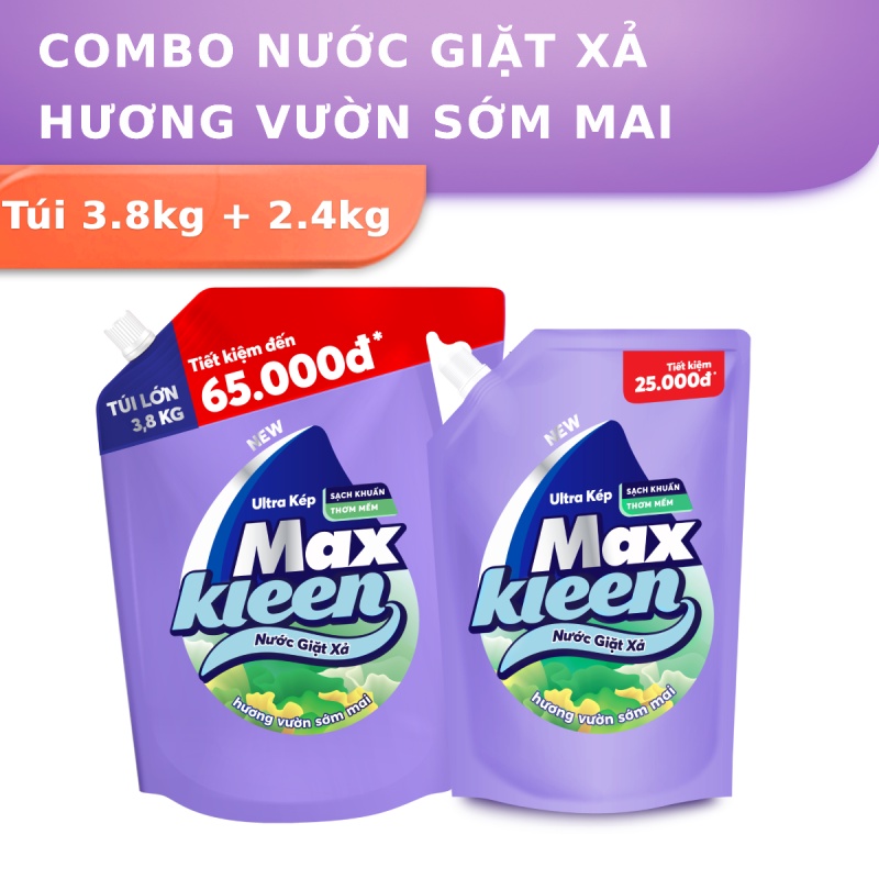 Combo 2 Túi Nước Giặt Xả MaxKleen Hương Vườn Sớm Mai 3.8kg + 2.4kg