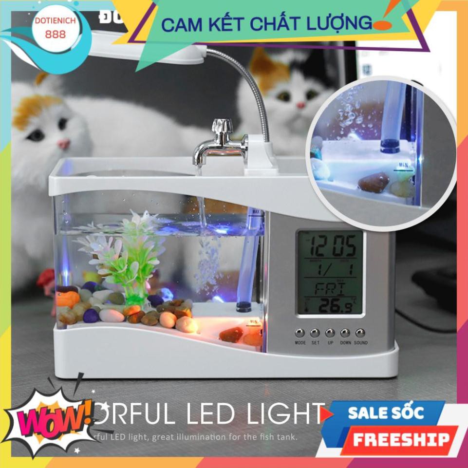 [SALE] Bể cá cảnh mini ,Bể cá để bàn có đồng hồ tặng kèm đá và cây trang trí có đèn Led ( màu đen) -giadung888