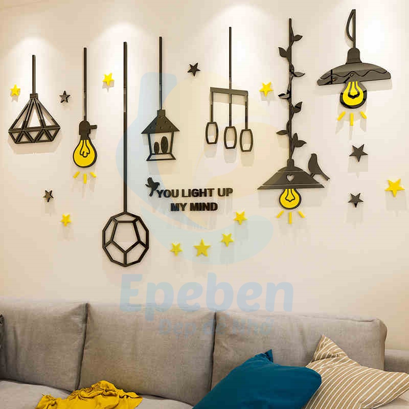 Tranh dán tường mica 3d decor khổ lớn đèn thả treo sáng tạo trang trí phòng khách, phòng ngủ