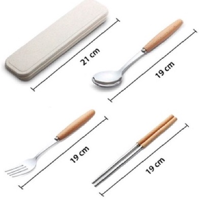 Bộ muỗng đũa nĩa inox cán gỗ kèm hộp đựng lúa mạch