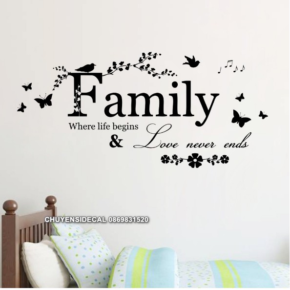 Decal trang trí tường - Chữ Tiếng anh FAMILY hoa văn