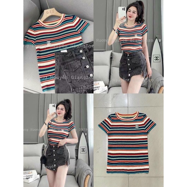 Áo len kẻ dáng ôm body siêu đẹp, Áo kiểu kẻ ngang cổ tròn AL8515 - NhiNhi Shop
