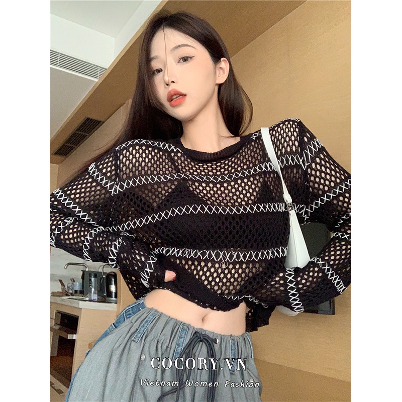 Cocory vn Áo Croptop Mỏng Tay Dài Cổ Tròn Dáng Rộng Trong Suốt Thời Trang Mùa Hè Quyến Rũ Cho Nữ