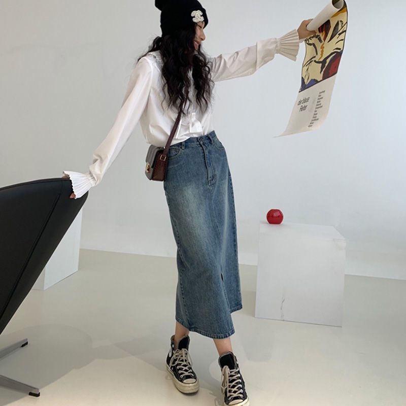 IMAODOU Chân váy jean dài lưng cao vừa dáng ôm thời trang mùa thu 2023 cho nữ