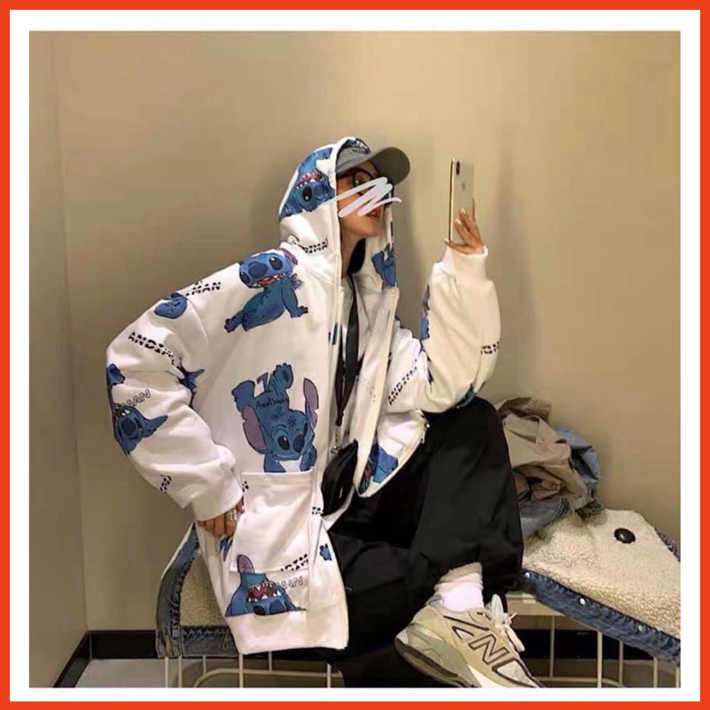 𝗡𝗘𝗪 𝗔𝗥𝗥𝗜𝗩𝗔𝗟  Áo Khoác Nỉ Oversize Hình Stitch Xanh Siêu Xinh Dáng Rộng Unisex