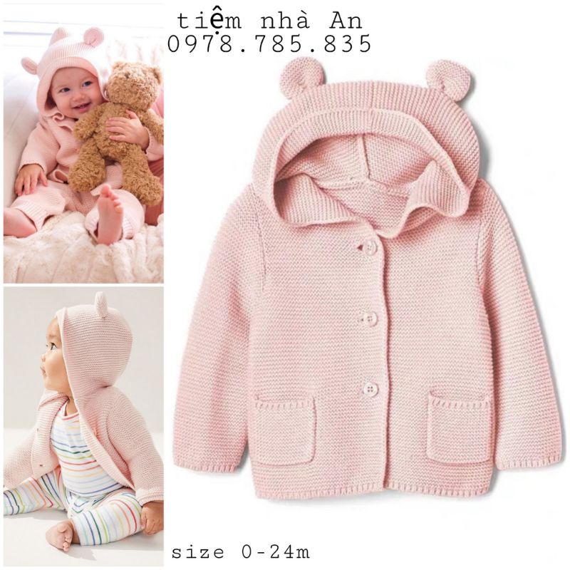Áo len gap xuất dư hồng mũ tai gấu cho bé gái , áo len mềm đẹp co giãn nhẹ - tiệm nhà an