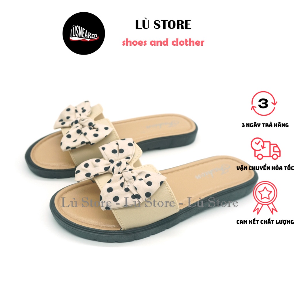 Dép nữ đế bệt phối nơ thời trang lụa 2 màu đen kem, size 36-39, Lù Store