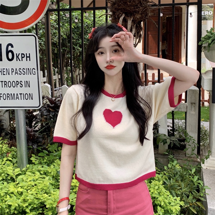 NZN Áo thun crop top tay ngắn in họa tiết trái tim phong cách Hàn Quốc dễ thương dành cho nữ