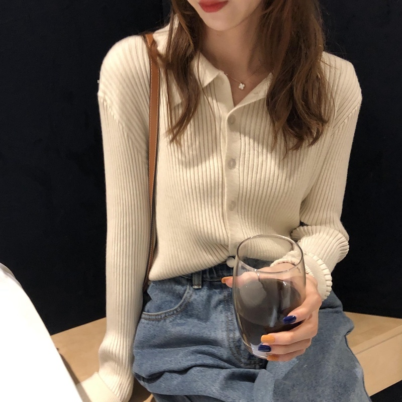 Áo sweater dài tay cổ polo thiết kế thời trang theo phong cách Hàn Quốc cho nữ
