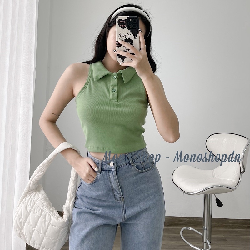 Áo croptop ba lỗ cổ polo nút cài sát nách dáng ôm Ảnh thật/ sẵn