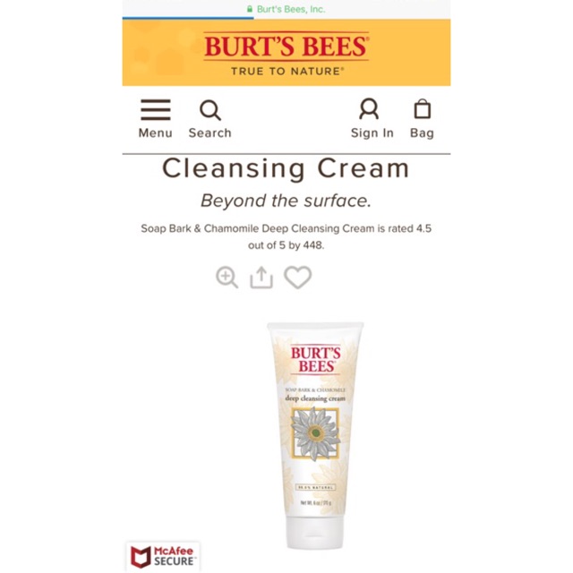 Sữa rửa mặt dạng kem Burt's Bees Soap Bark& Chamomile Deep Cleansing Cream 170g